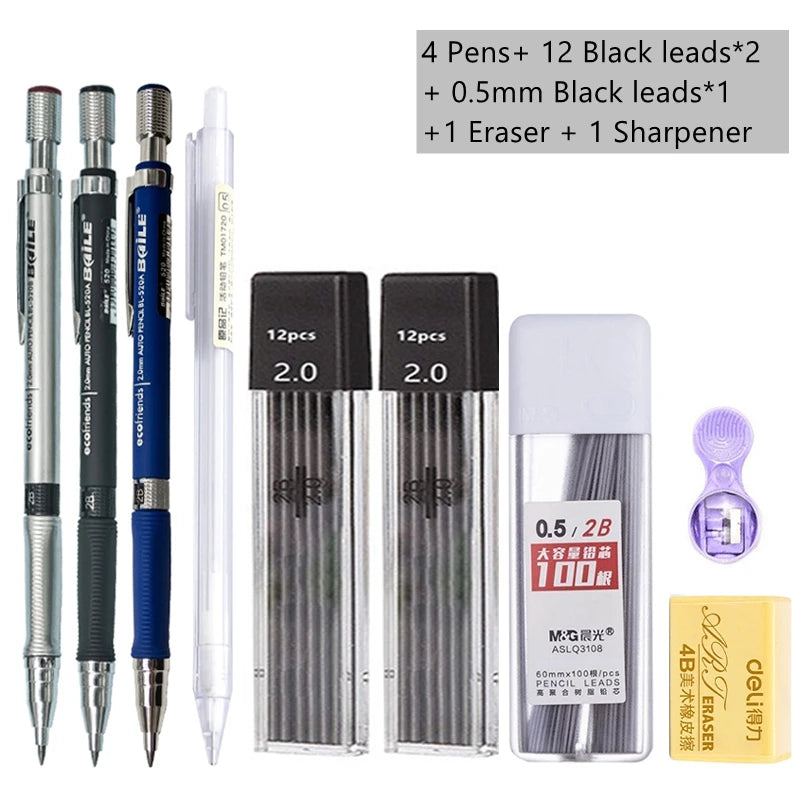 Mechanical Pencil Set 2.0 mm with 2B Black/Colors Lead Refill For Writing Sketching Art Drawing Painting School Automatic Pencil Beauty World Shop