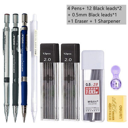 Mechanical Pencil Set 2.0 mm with 2B Black/Colors Lead Refill For Writing Sketching Art Drawing Painting School Automatic Pencil Beauty World Shop
