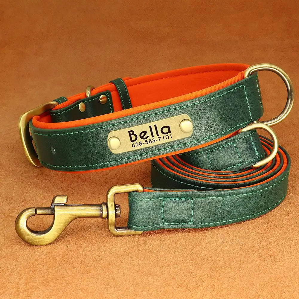 Customized Leather Dog Collar Leash Set Soft Padded Leather Collar For Small Medium Large Dogs With Free Engraved Nameplate Beauty World Shop