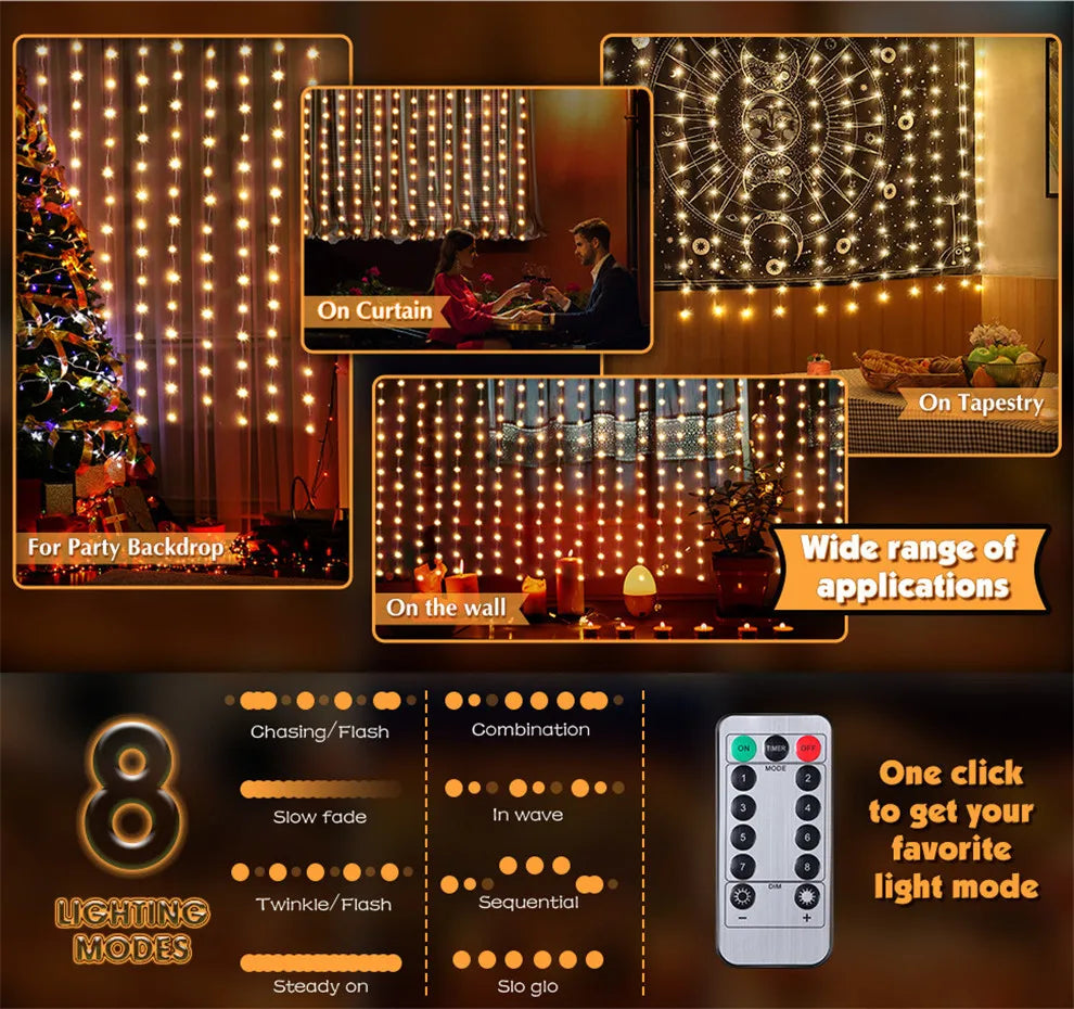 Christmas Lights LED Fairy String Curtain Lights 8 Mode Remote USB Festoon Christmas Decor For Home Holiday New Year Lamp Beauty Fashion