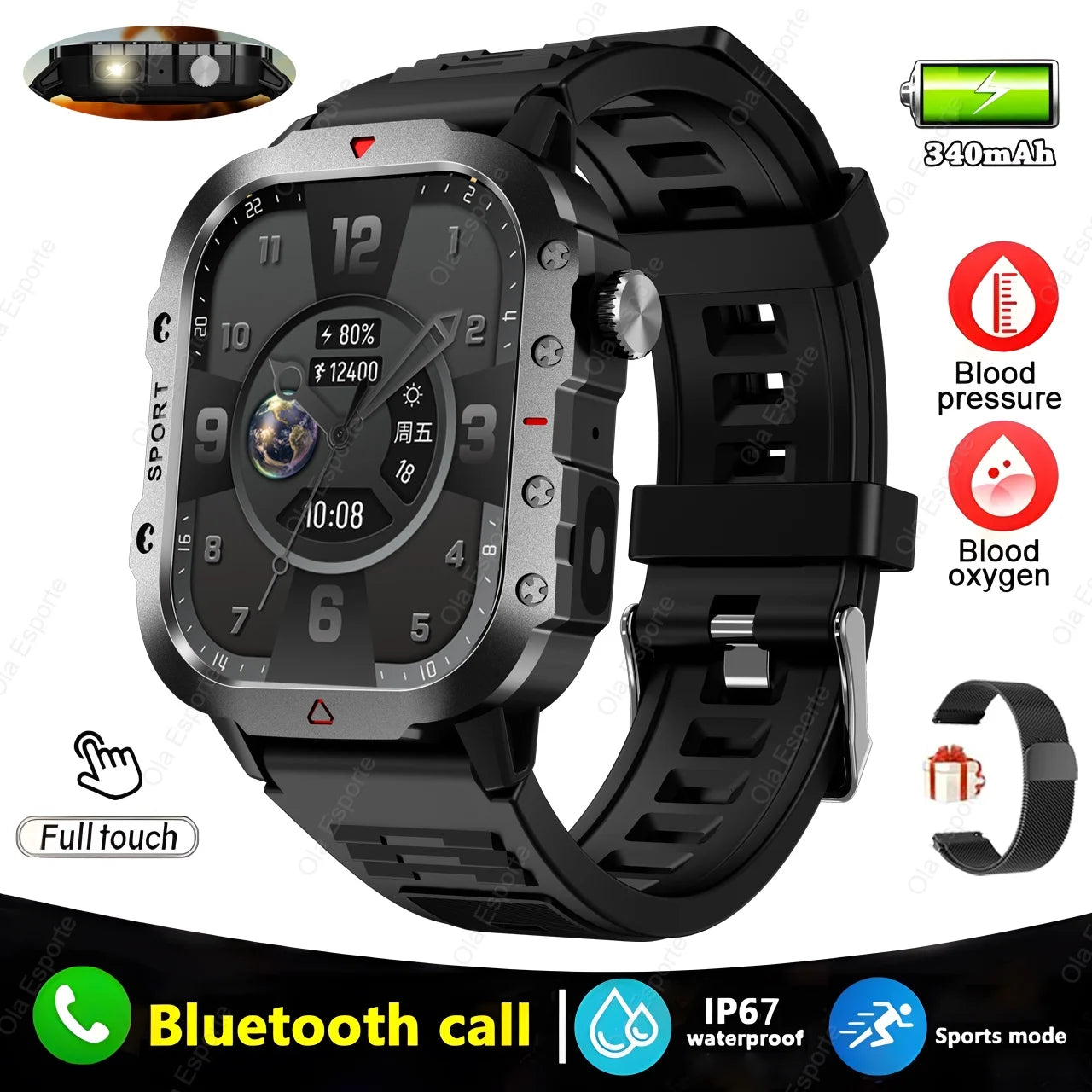 New Military GPS Smart Watch Men Flashlight Compass Waterproof Outdoor Sports Tracker Bluetooth Calls Smartwatch For Android IOS