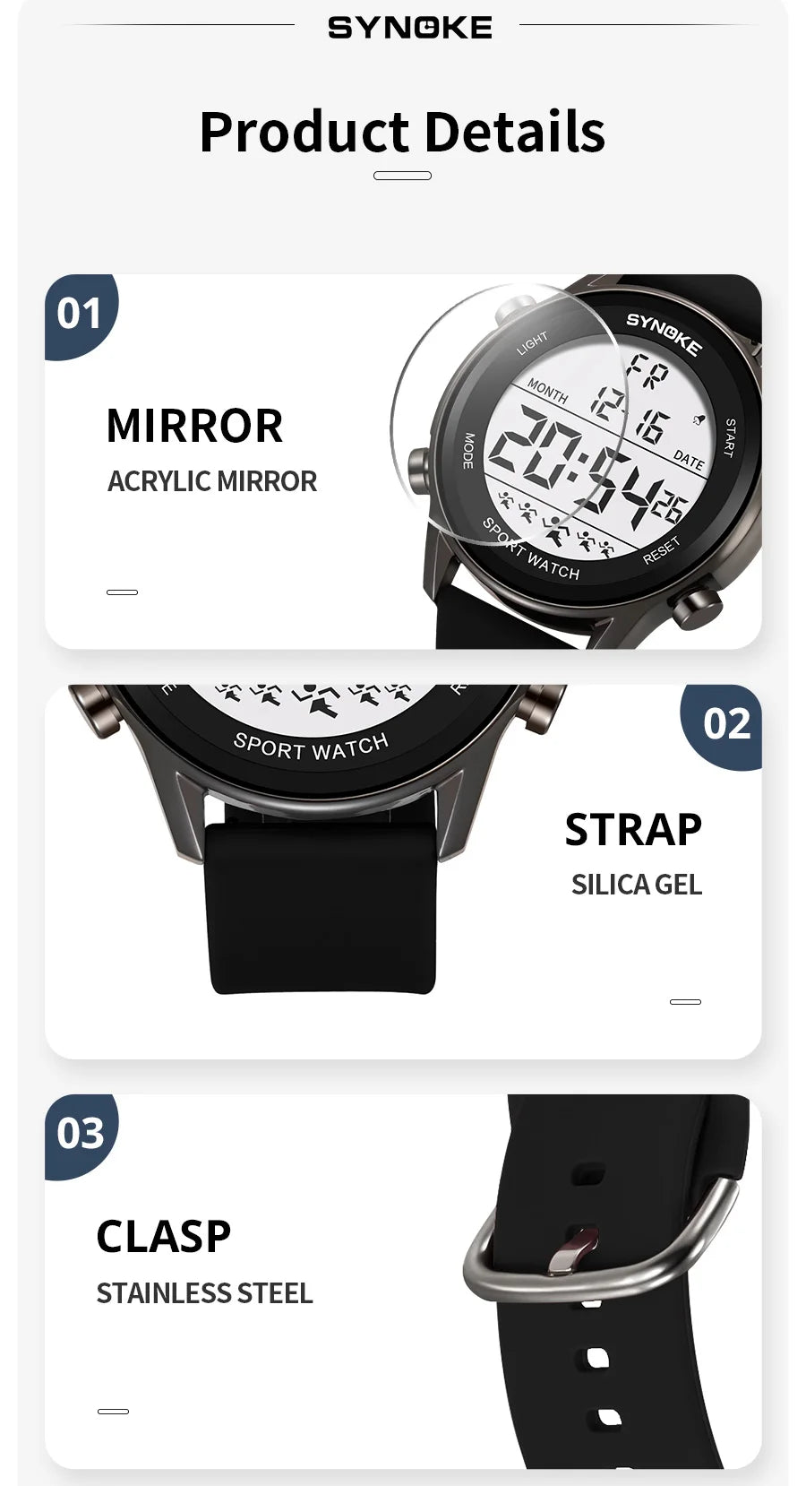 SYNOKE Men Outdoor Sports Multifunctional Waterproof Large Screen Display Luminous LED Digital For Men Fashion Silicon Watch Beauty World Shop
