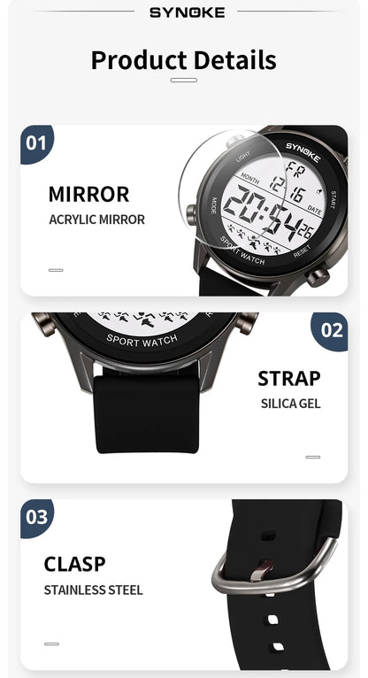 SYNOKE Men Outdoor Sports Multifunctional Waterproof Large Screen Display Luminous LED Digital For Men Fashion Silicon Watch Beauty World Shop