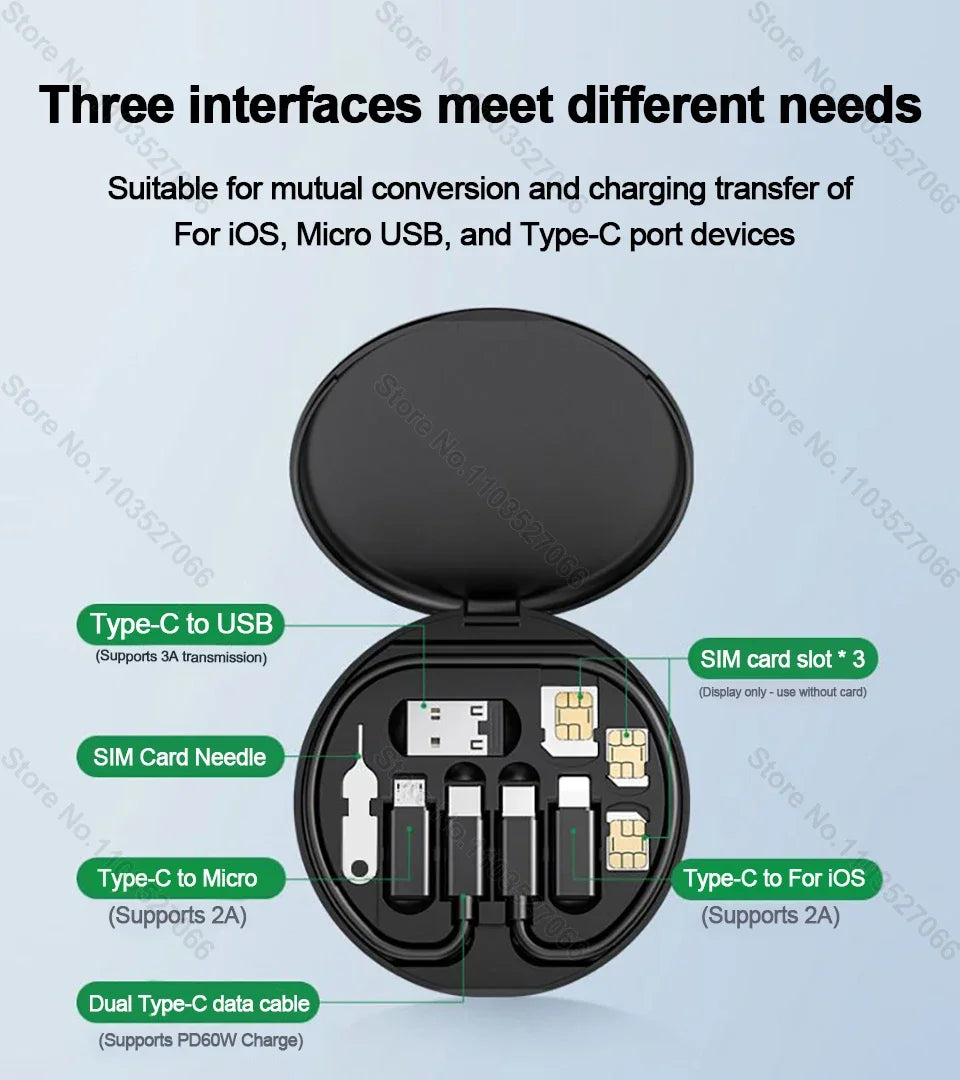 PD 60W Multifunctional USB Type C Data Cable Set Fast Charging For iPhone Xiaomi Samsung Charger Adapter Pin Storage Travel Box Beauty World Shop
