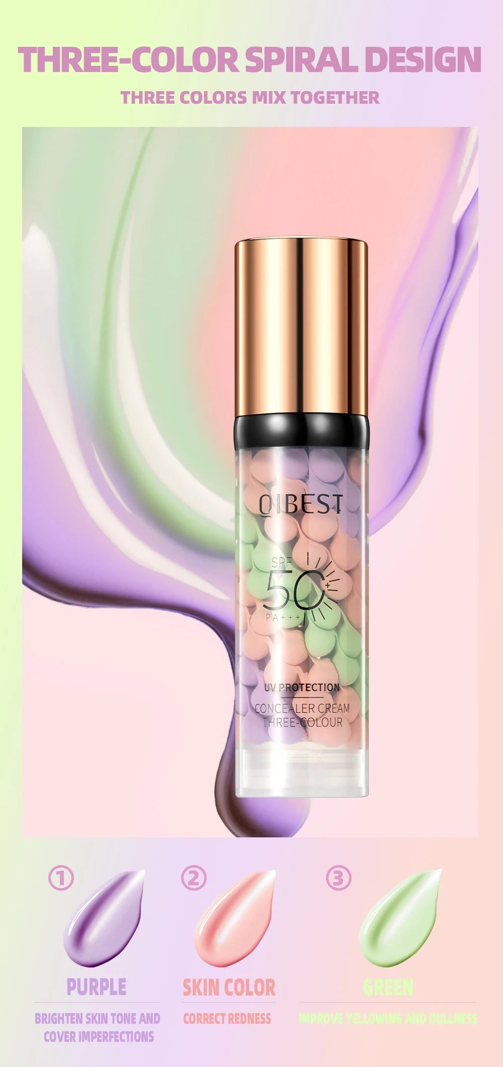 Qibest Three Color Press Release Cream Concealer Isolate Makeup Facial Base Brightening Cream Liquid Concealer Face Primer
