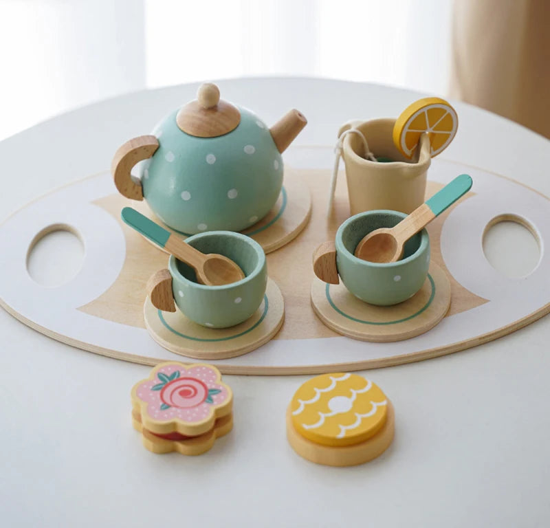 Kids Wooden Tea Set Play House Pretend Make Tea Play With Teapot Teacup Afternoon Snack Role Playing Toys Boys Girls Gift Beauty World Shop