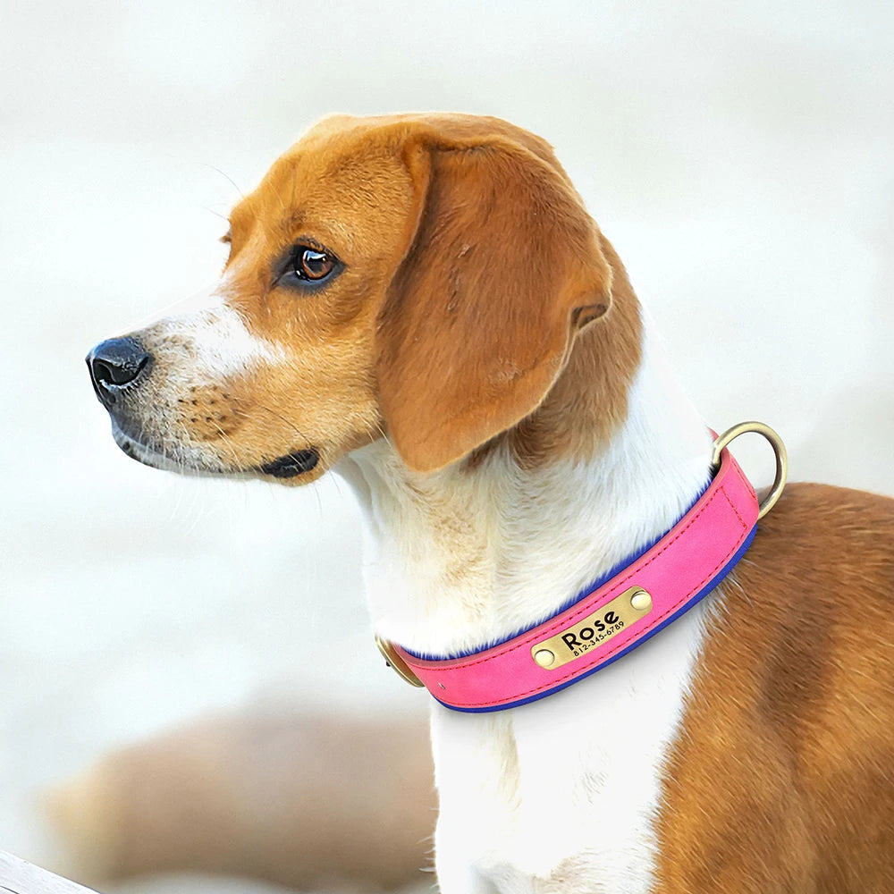 Customized PU Leather Nameplate Dog Collar Soft Padded Dogs Collars Free Engraving Name for Small Medium Large Dogs Adjustable Beauty World Shop
