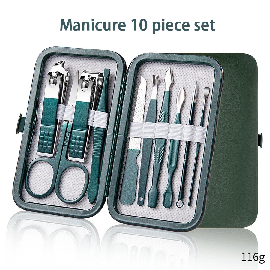Green Manicure Set With Leather Case Professional Foot And Face Care Tool Kits Stainless Steel Nail Clipper Sets Gift Beauty Fashion