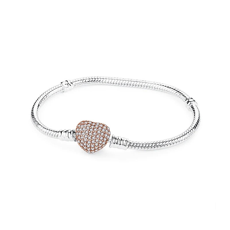 Original 925 Sterling Silver Bracelets Bangles Love Heart Clip Charms Beads Snake Chains For Women Rose Gold DIY Luxury Jewelry Beauty World Shop