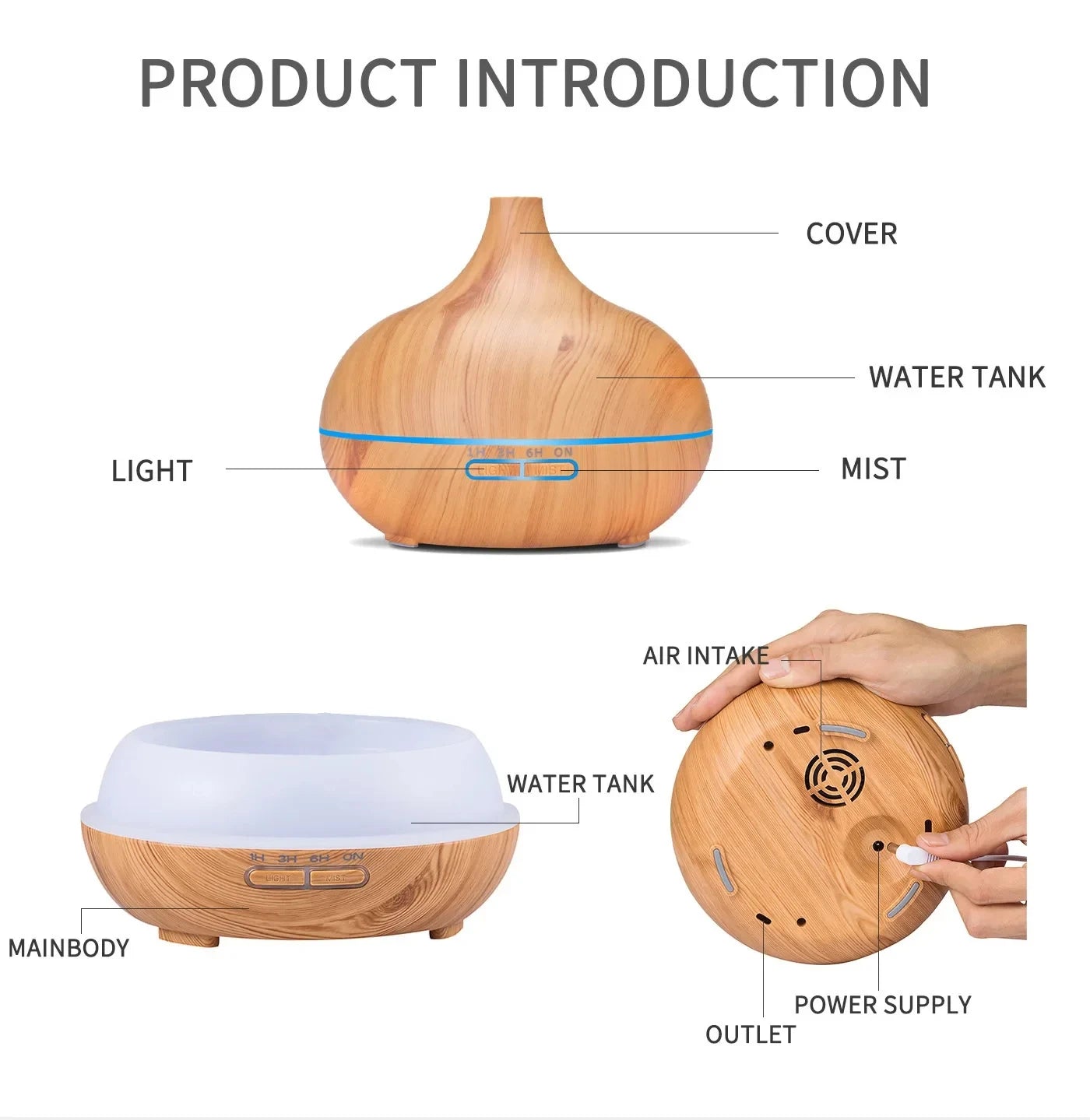 Air Humidifier Aromatherapy Essential Oil Diffuser Wood Grain 500ml Ultrasonic Remote Control 7 Color Lights For Home Bedroom ﻿ Beauty World Shop