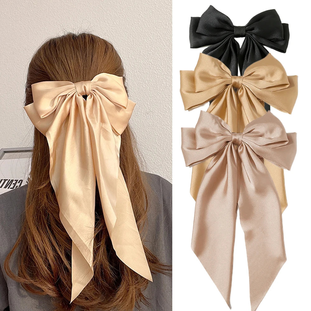Korean Accessories Hair Clips for Women Girls Big Bowknot Solid Satin Long Ribbon Bows Spring Clamp Barette Cheveux Femme 2023 Beauty World Shop