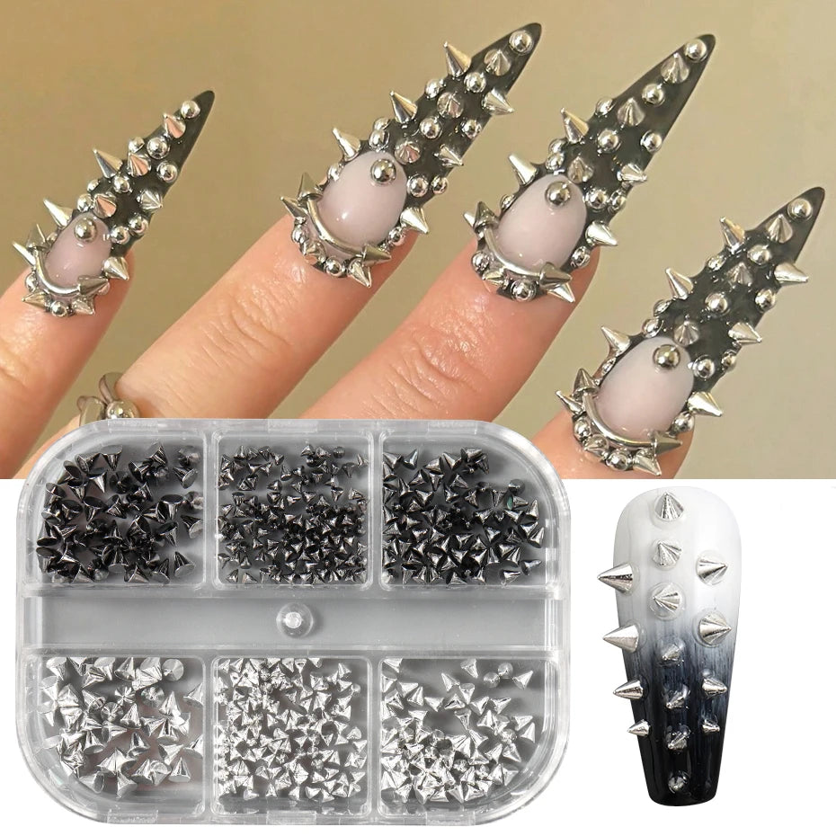 6Grids Metallic Rivet Punk Nail Charm Gold/Silver/Black Cone Spike Studs Nail Art Jewels Aolly Mini Rivet Studs Nail Supplies Beauty World Shop