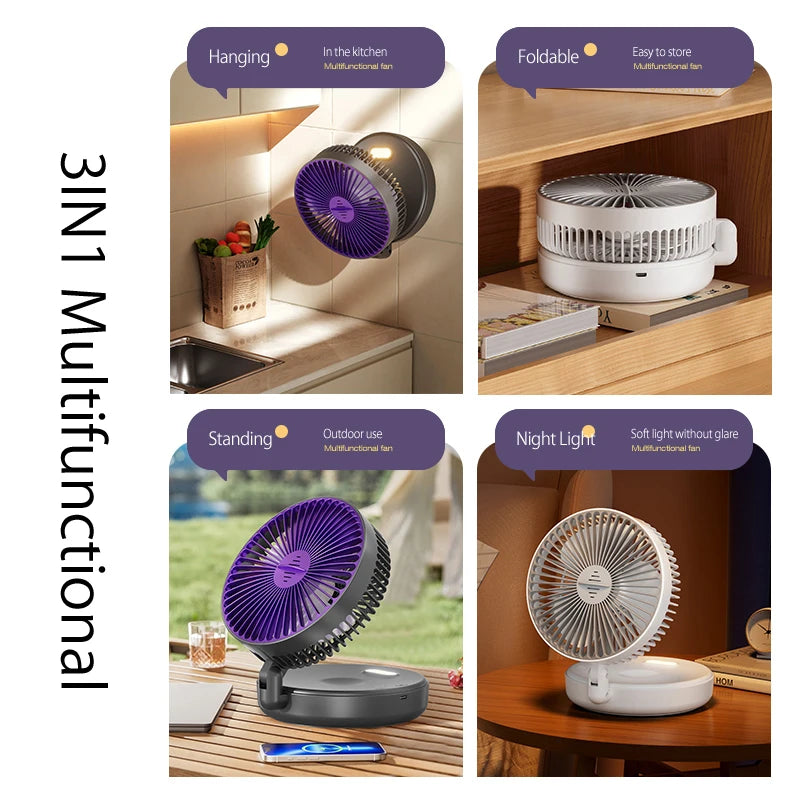 2024 New Rechargeable 3IN1 Multifunctional Portable Fan Wall Mounted Fan 90° Folding Fan 4 Gears With Warm Night Light Beauty World Shop