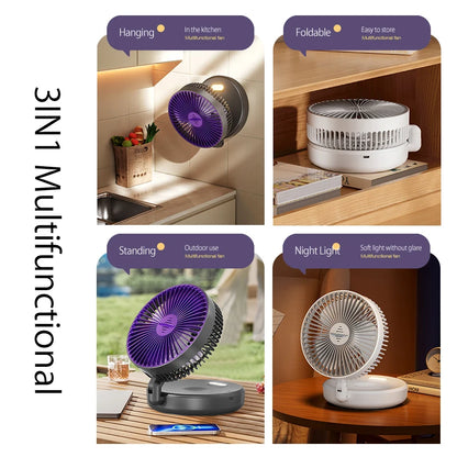 2024 New Rechargeable 3IN1 Multifunctional Portable Fan Wall Mounted Fan 90° Folding Fan 4 Gears With Warm Night Light Beauty World Shop