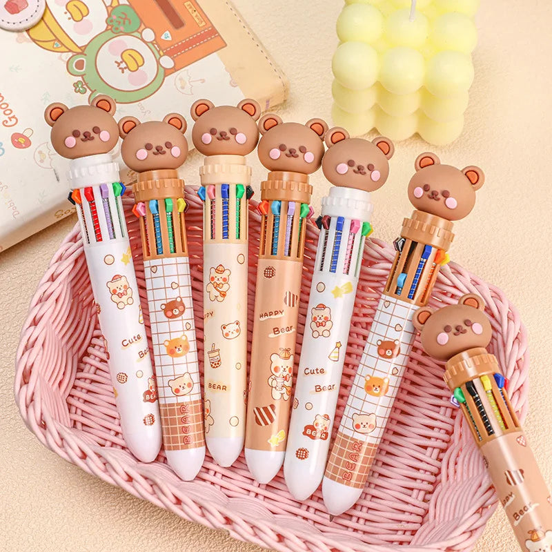 10 Colors Ballpoint Pen Cartoon Bear 0.5mm Colorful Ink Gel Pens Silicone Kawaii Pens School Office Supplies Korean Stationery Beauty World Shop
