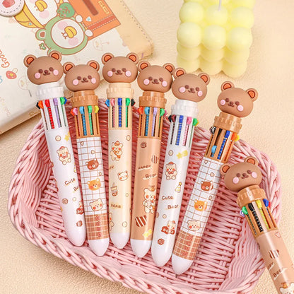 10 Colors Ballpoint Pen Cartoon Bear 0.5mm Colorful Ink Gel Pens Silicone Kawaii Pens School Office Supplies Korean Stationery Beauty World Shop