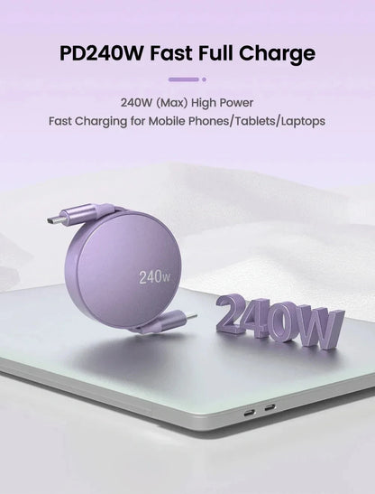 USB-C to USB-C Retractable PD240W Fast Charging Type-C Data Cable 1M Mobile Phone Charging Wire for iPhone 15/16 Xiaomi Samsung Beauty World Shop