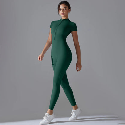 Naked zipper short sleeved yoga suit jumpsuit, quick drying breathable outdoor sports tight fitting jumpsuit, fitness suit Beauty World Shop