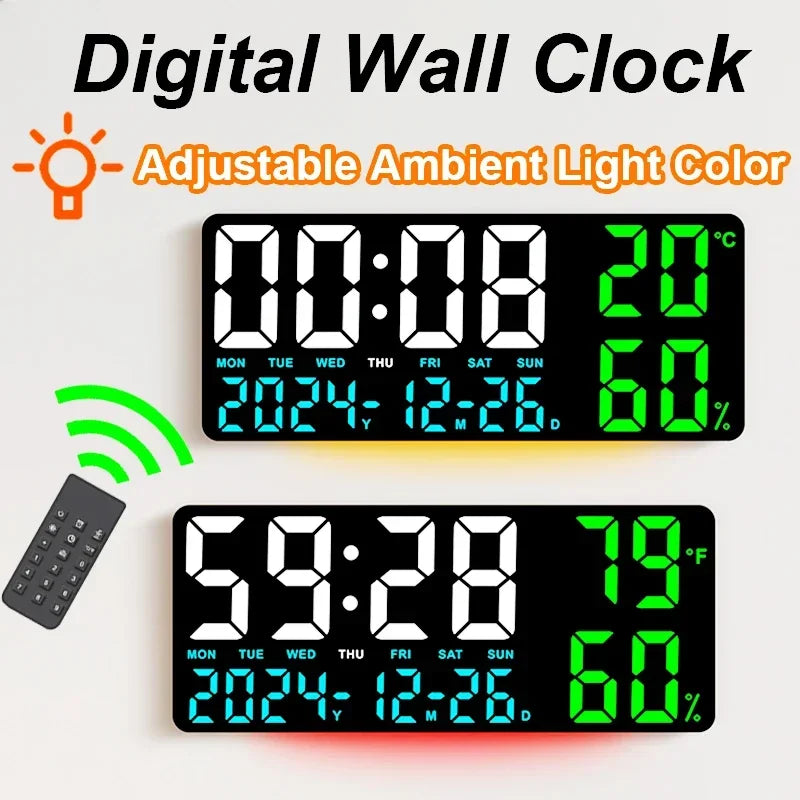 Digital Wall Clock with Atmosphere Lights Remote Control TEMP Humidity Display LED Large Table Clock Multifunctional Alarm Clock Beauty World Shop