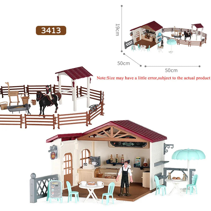 Oenux Farm Stable House Model Action Figures Emulational Horseman Horse Animals Playset Figurine Cute Educational Kids Toy Gift Beauty World Shop