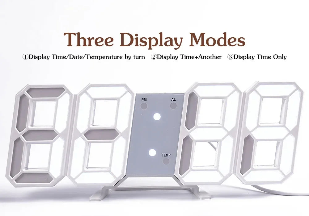 Wall Clock Digital Alarm Modern Kitchen Electronic Smart 3D USB Power Supply LED Time Date Temperature Display Desktop Bedroom Beauty World Shop