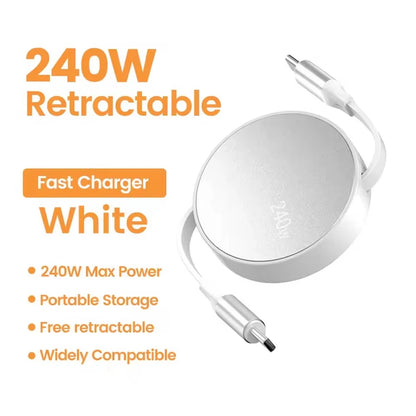 USB-C to USB-C Retractable PD240W Fast Charging Type-C Data Cable 1M Mobile Phone Charging Wire for iPhone 15/16 Xiaomi Samsung Beauty World Shop