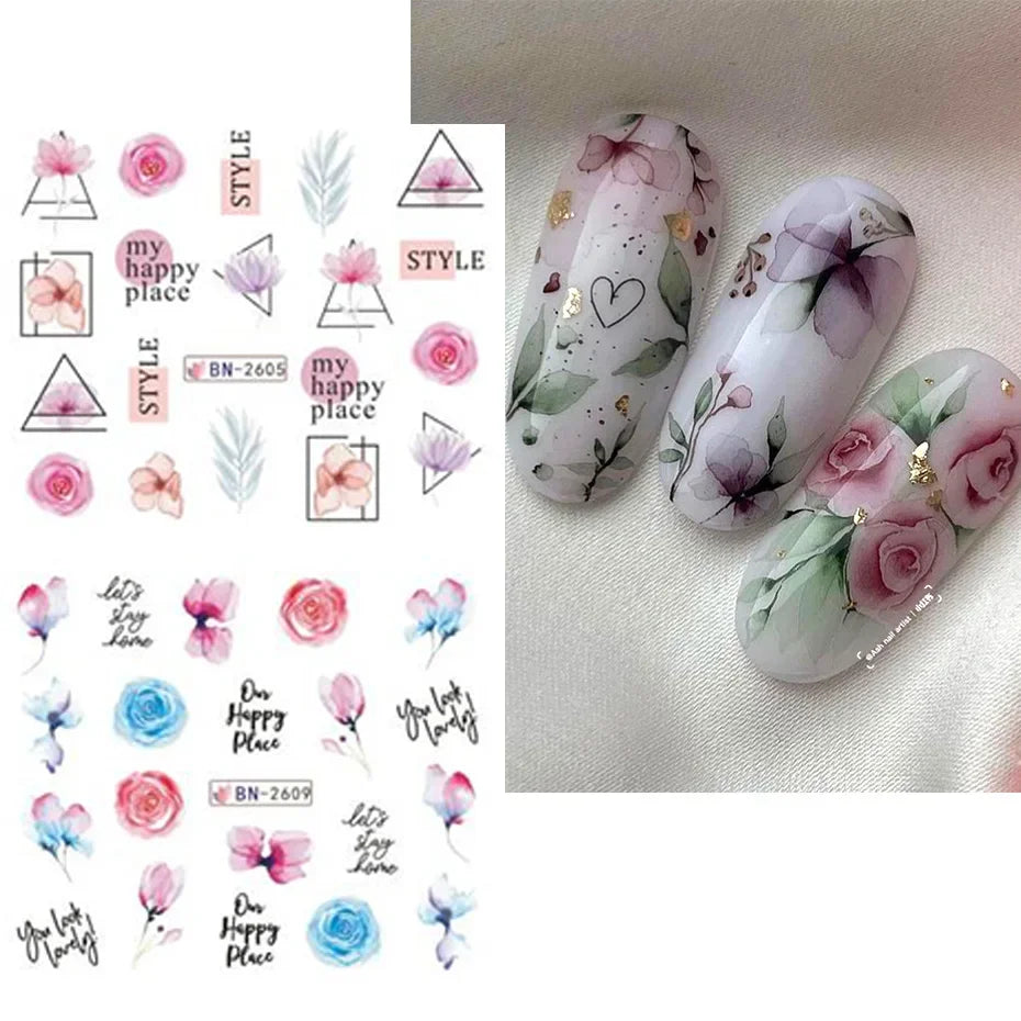 12 Pcs Summer Ink Blooming Flowers Nail Art Stickers, Water Decal Leaves Graffiti Slider Nail Decoration Beauty World Shop
