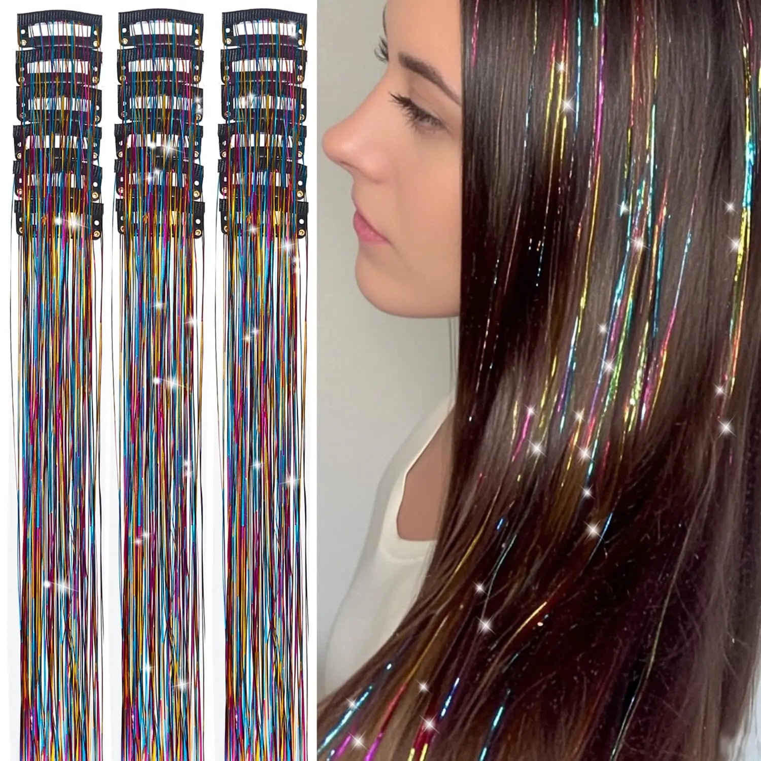 20 Inch Glitter Tinsel Hair Extensions with Clips In, 6Pcs/Set Synthetic Clip in Sparkle Fairy Hair Accessories for Women Kids Beauty World Shop