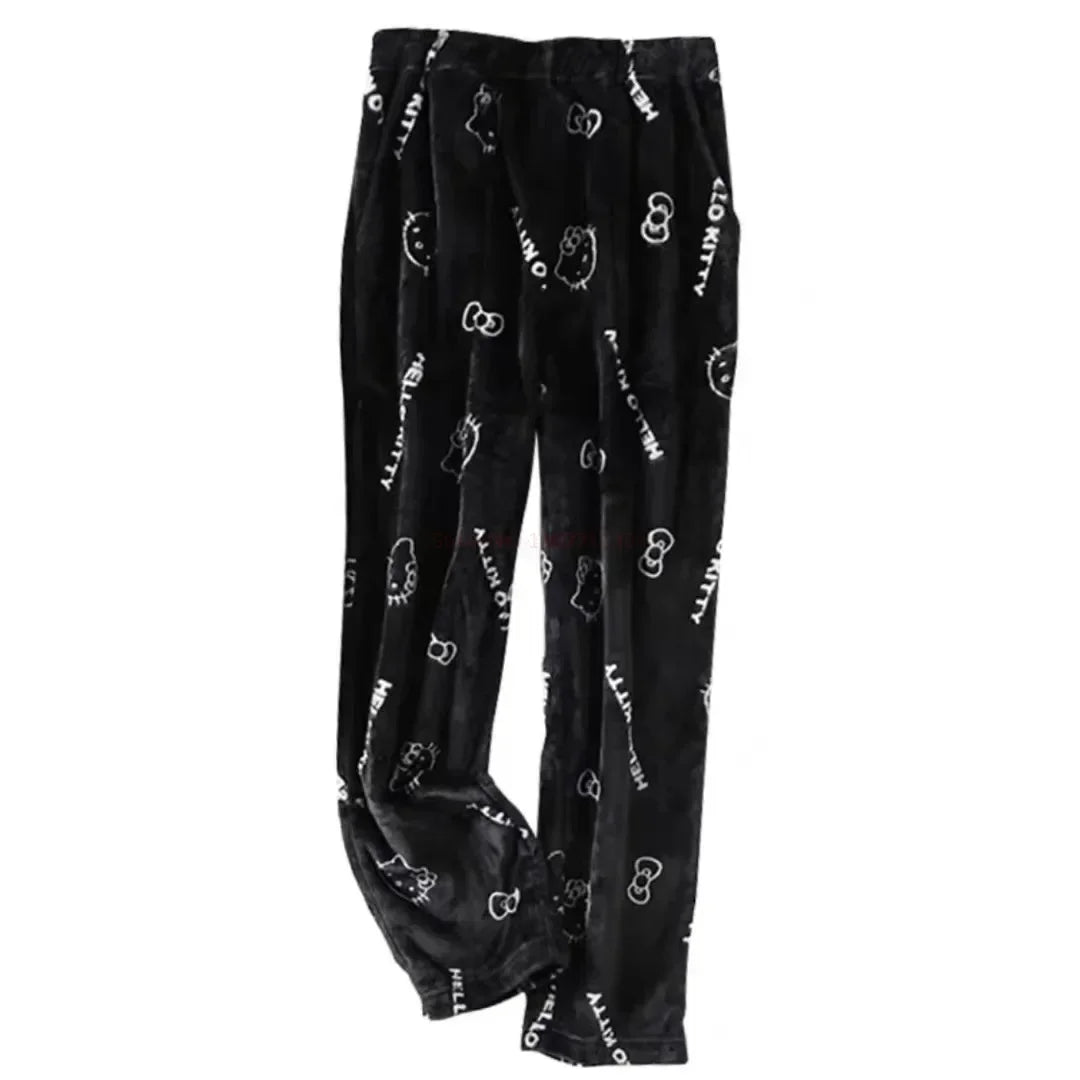 2024 Sanrio Hello Kitty Pajamas Halloween Flannel Fashion Trouserswomen Kawaii Woolen Anime Cartoon Casual Home Pants Autumn Beauty Fashion