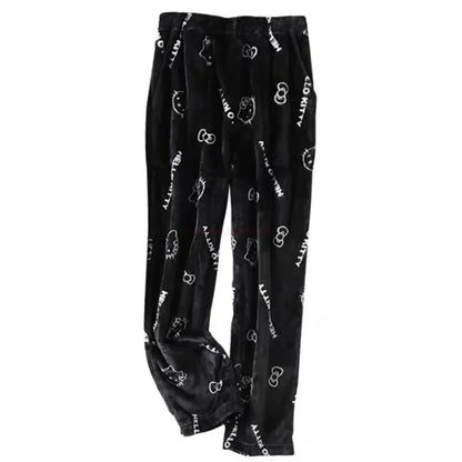 2024 Sanrio Hello Kitty Pajamas Halloween Flannel Fashion Trouserswomen Kawaii Woolen Anime Cartoon Casual Home Pants Autumn Beauty Fashion
