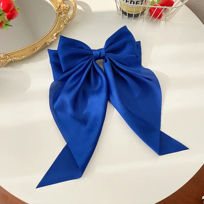 Korean Accessories Hair Clips for Women Girls Big Bowknot Solid Satin Long Ribbon Bows Spring Clamp Barette Cheveux Femme 2023 Beauty World Shop