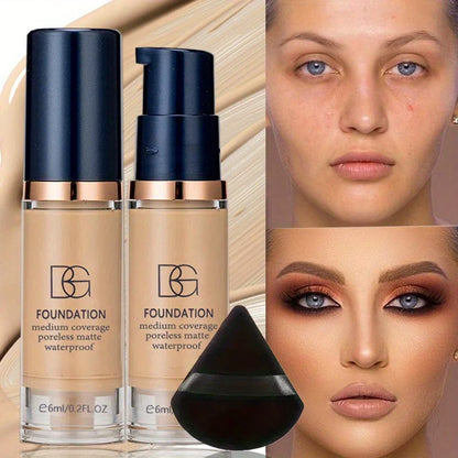 2Pcs Full Coverage Waterproof Liquid Foundation&Black Triangular Powder Puff-LongLasting Matte Finish Dark Circle&Blemish Cover Beauty World Shop
