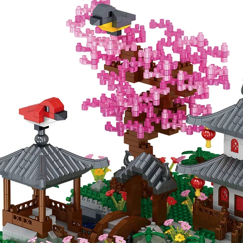 MOC Peach Blossom Pool Cherry Tree House Building Block Chinese Architecture DIY Bricks Cherry Blossom Toy for Kids Adult Gift Beauty World Shop
