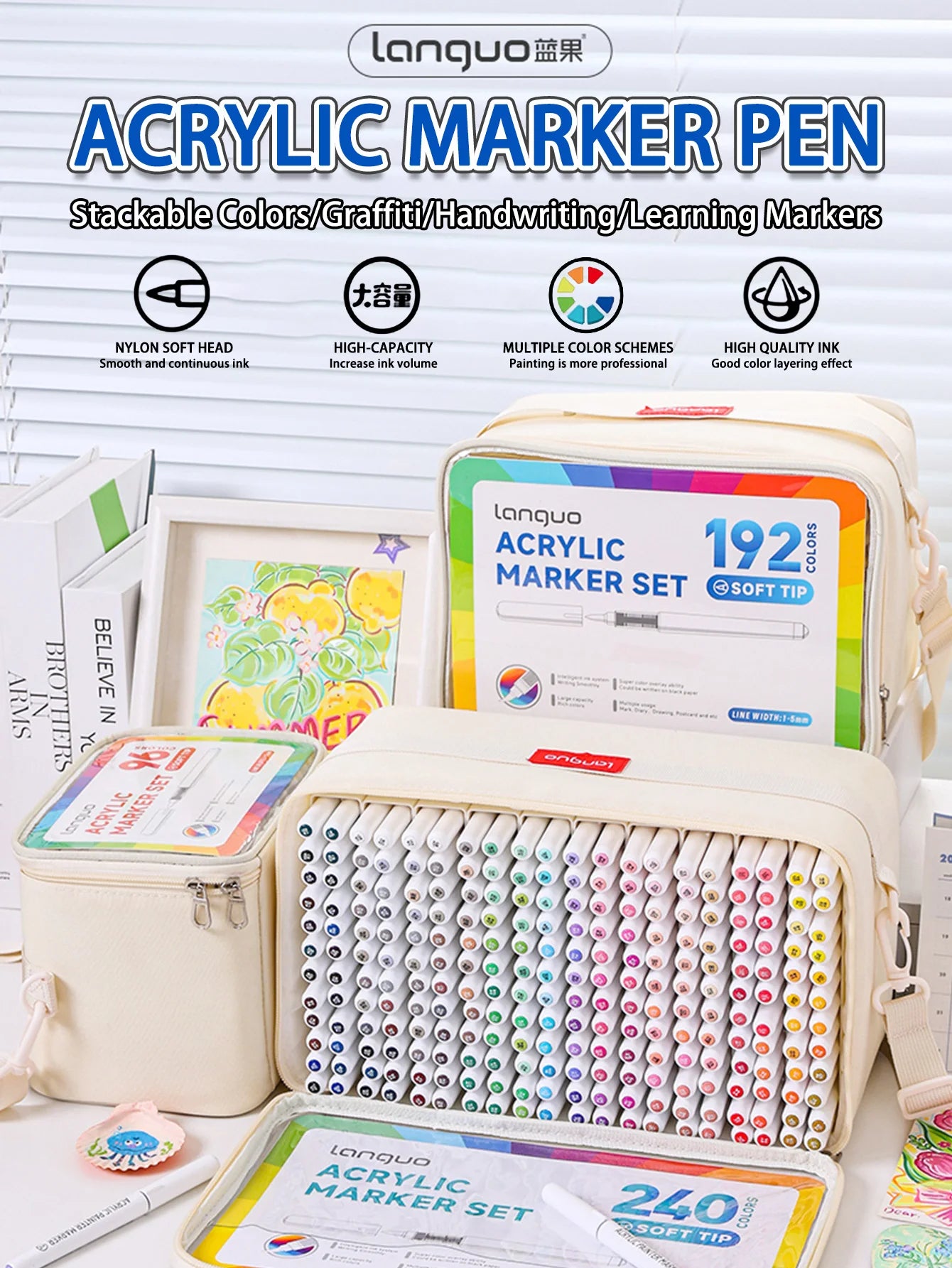 Languo 9pcs/box Soft Brush Acrylic Marker Pen Set，DIY Hand Drawn,Paint Art Markers pens,Student Graffiti Acrylic Paint Pens,M720 Beauty World Shop