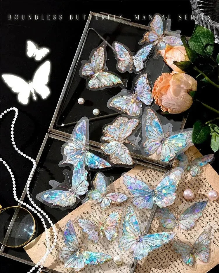 5Style 20pcs/pack INS Butterfly PET Sticker Pack Ice Crystal Laser Gold DIY Handbook Decoration 3D Scrapbook Beauty World Shop