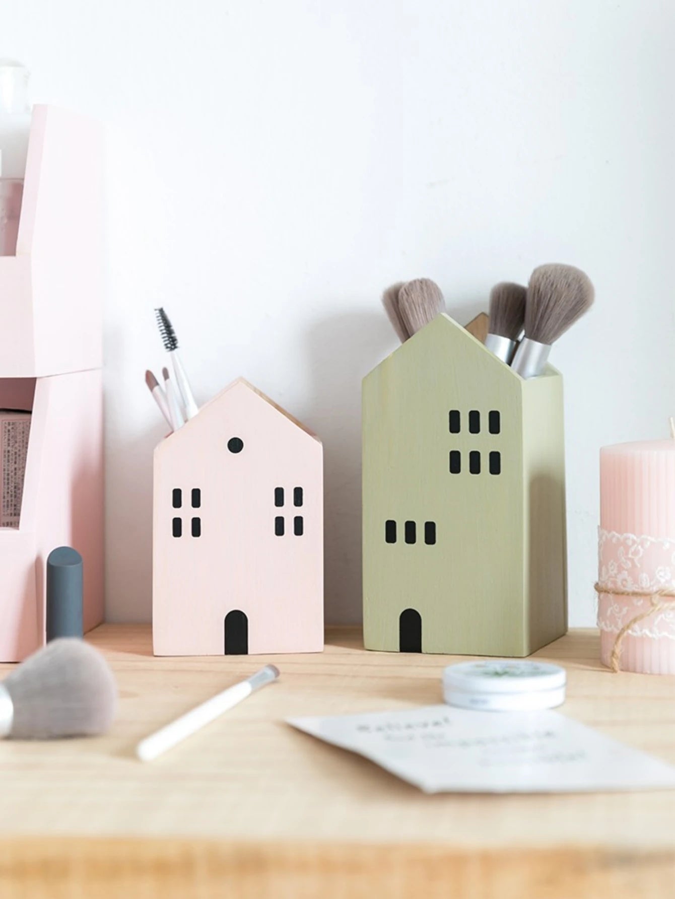 Cartoon House Wooden Pen Holder Pencil container Makeup Brush Stationery storage box Student/ Office Desktop Storage Organiser Beauty World Shop