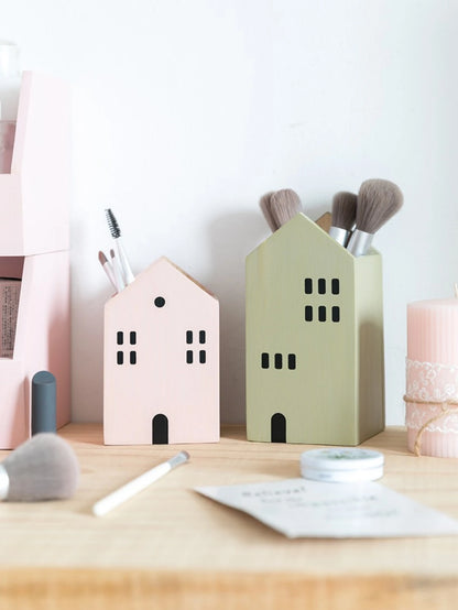 Cartoon House Wooden Pen Holder Pencil container Makeup Brush Stationery storage box Student/ Office Desktop Storage Organiser Beauty World Shop