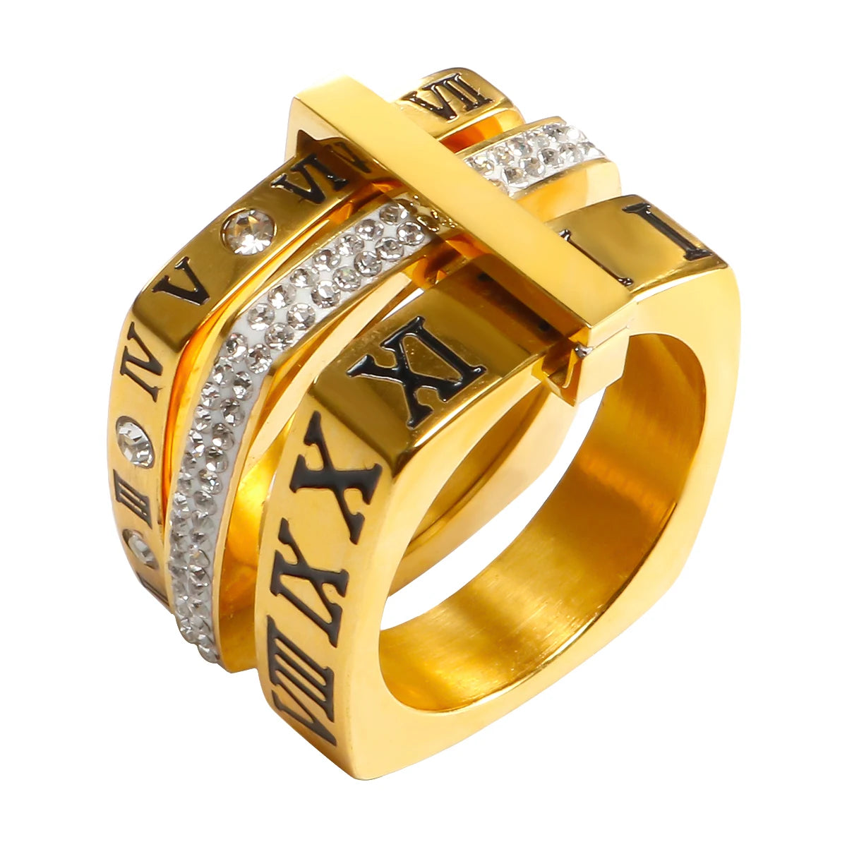 Three Layers Roman Numerals Ring for Women Luxury Stainless Steel Rotatable Crystal Finger Rings Female Wedding Trendy Jewelry Beauty World Shop