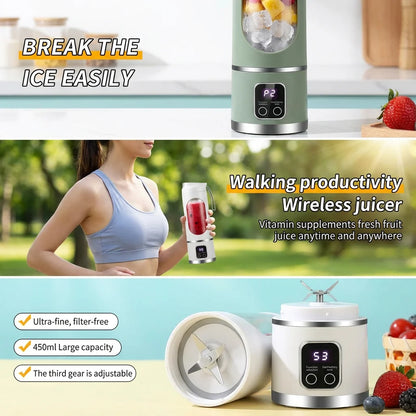 Mini Electric Juicer 450ML Large Capacity with Powerful Motor Digital Display for Crushed Ice Household Rechargeable Juice Cup Beauty World Shop