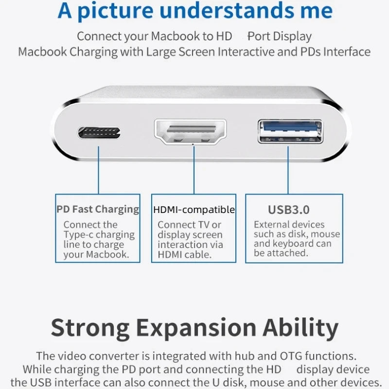 3 In 1 Usb-C Usb Hub Male To Female Hdmi-Compatible 4k Usb 3.1 Type-C To Usb 3.0 Charging Adapter For Macbook Air 12 Converter Beauty World Shop