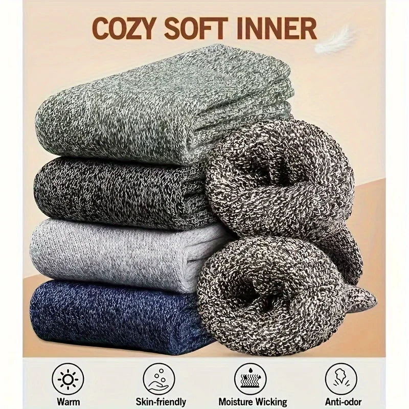 3/5 Pairs Men's Winter Warm Socks, Thick Towel Mid-Calf Socks, Anti-Cold Snow Boots Socks Elastic Solid Color Beauty World Shop