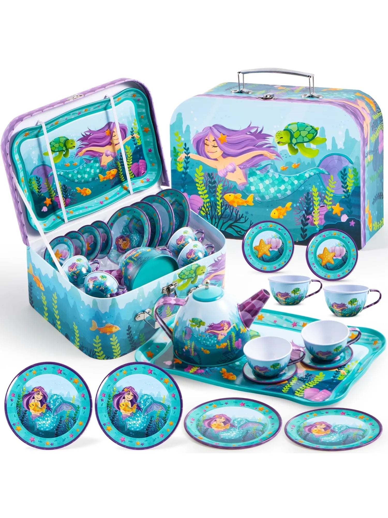 Joyfy Kid Tea Set Mermaid Tea Party Set Princess Pretend Play Tin Teapot Set Kitchen Toy for Girls Toddlers 2 3 4 5 6 Years Old Beauty World Shop