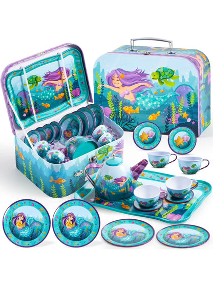 Joyfy Kid Tea Set Mermaid Tea Party Set Princess Pretend Play Tin Teapot Set Kitchen Toy for Girls Toddlers 2 3 4 5 6 Years Old Beauty World Shop