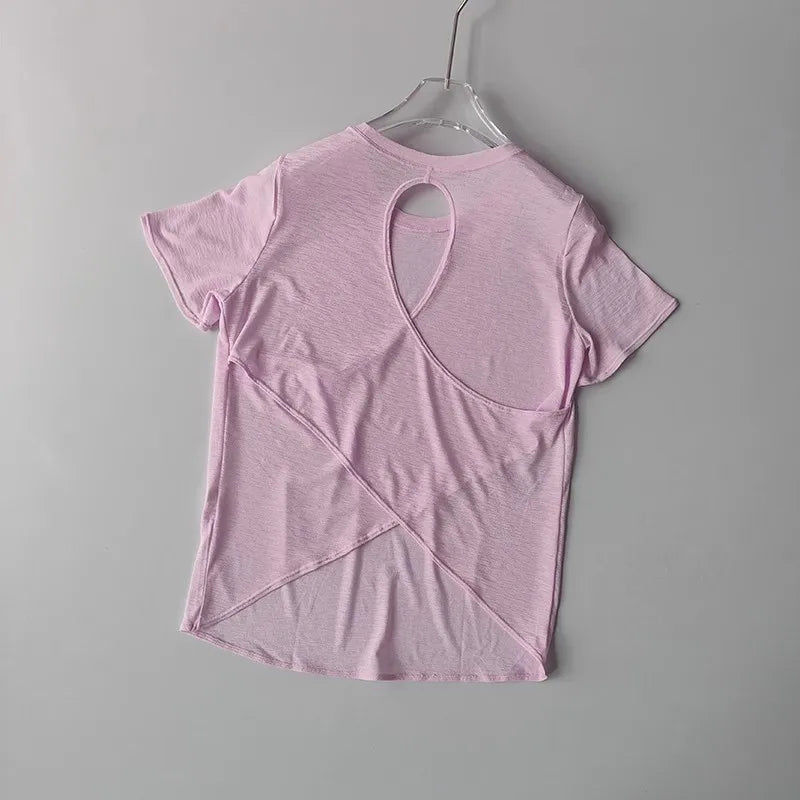 Women's Tight Sports T-shirt Quick Dry Short Sleeve Yoga T-shirt Pilates Fitting Fitness Back Hollow Out Running T-shirt Beauty World Shop