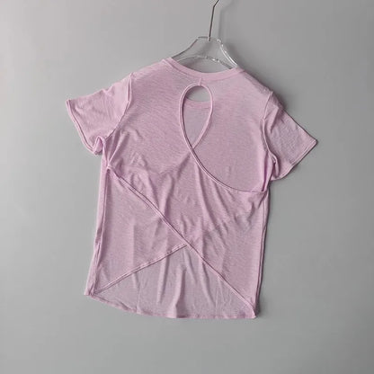 Women's Tight Sports T-shirt Quick Dry Short Sleeve Yoga T-shirt Pilates Fitting Fitness Back Hollow Out Running T-shirt Beauty World Shop