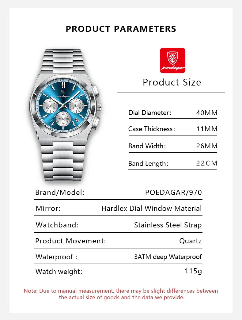 POEDAGAR Fashion Man Watches Chronograph Date Stainless Steel Casual Men Wristwatch Waterproof Luminous Men's Quartz Watch Reloj Beauty World Shop