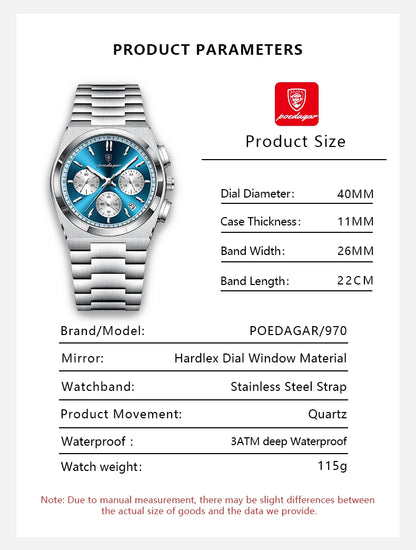 POEDAGAR Fashion Man Watches Chronograph Date Stainless Steel Casual Men Wristwatch Waterproof Luminous Men's Quartz Watch Reloj Beauty World Shop