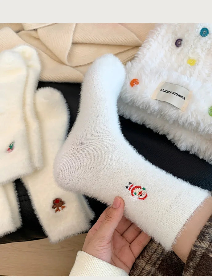 Autumn And Winter Socks, White Mink Fur Christmas Socks, Snowman Santa Claus Christmas Tree Elements, Thickened Warm Socks Beauty World Shop