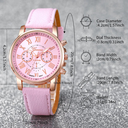 5/6PCS Fashion Women's Quartz Watch Leather Band Analog Wrist Watches Heart Rhinestone Jewelry Set(Without Box) Beauty World Shop