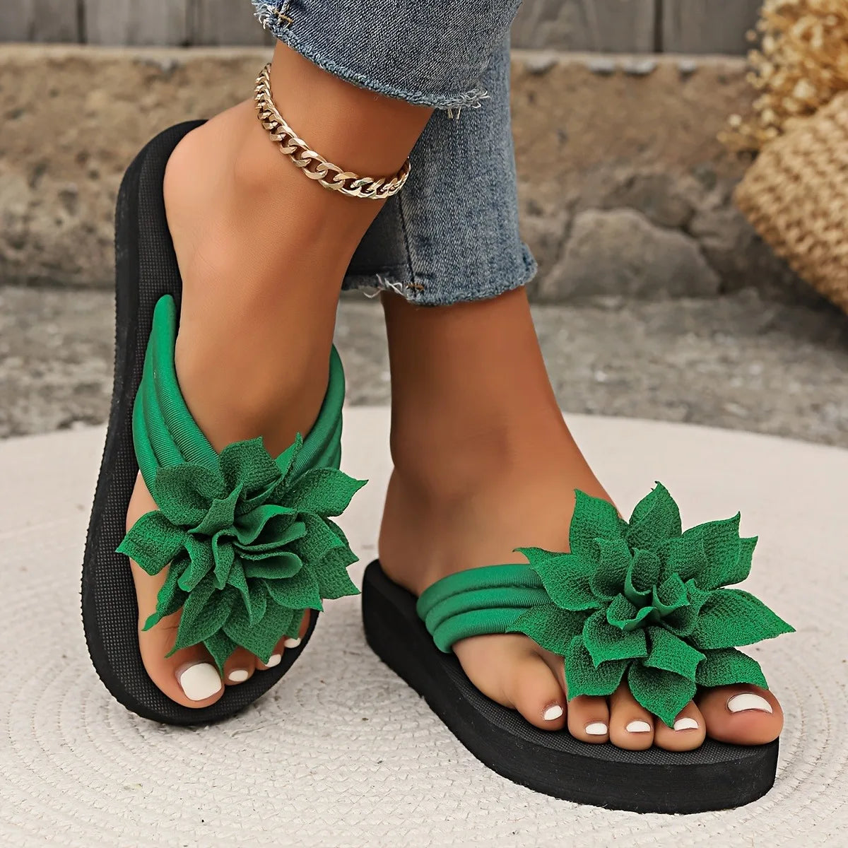 Women's Floral Flip Flops SlipOn Vacation Style Mid Heel Sandals Fabric Upper EVA Sole Insole Solid Color Summer Casual Footwear Beauty World Shop